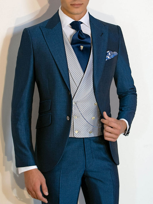Blue Peak Lapel One-Button Groom Suit Modern Fitted Bespoke Tuxedos Men 2-Piece Jacket+Pants Trajes De Hombre
