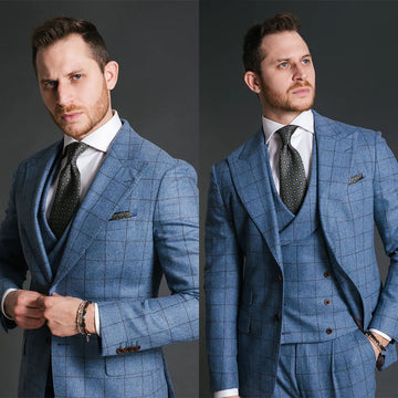 Blue Plaid Men Suit Tailor-Made 3 Pieces Blazer Vest Pants Single Breasted Wedding Groom Fashion Business Causal Prom Tailored