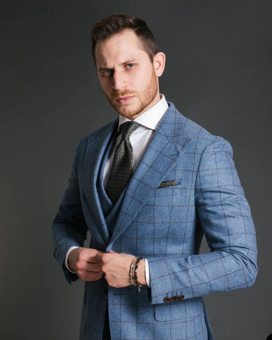 Blue Plaid Men Suit Tailor-Made 3 Pieces Blazer Vest Pants Single Breasted Wedding Groom Fashion Business Causal Prom Tailored