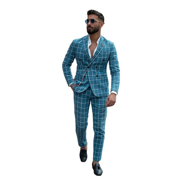 Blue Plaid Men Wedding Tuxedos Classic Fit Notched Lapel Groom Prom Party Formal Outfit Two Pieces