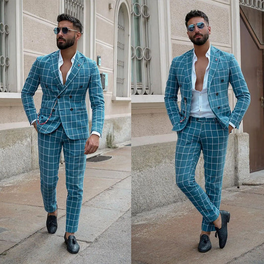Blue Plaid Men Wedding Tuxedos Classic Fit Notched Lapel Groom Prom Party Formal Outfit Two Pieces