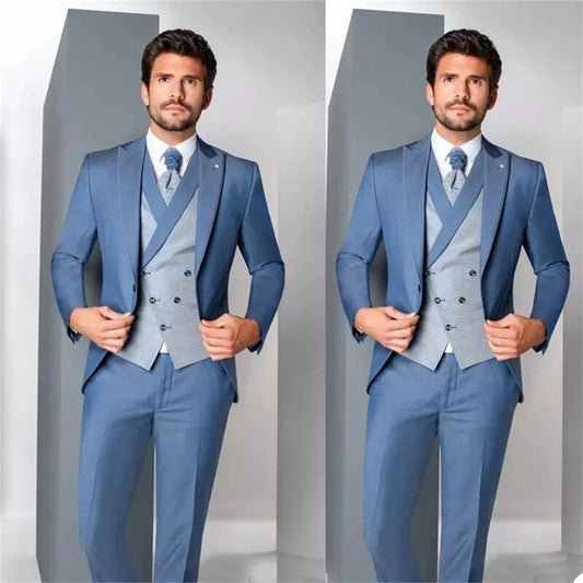 Blue Slim Fit Men Suits 3 Pcs Grey Vest Peak Lapel Costume Homme Grooms Wedding Tuxedos Terno Slim Fit Prom Blazer