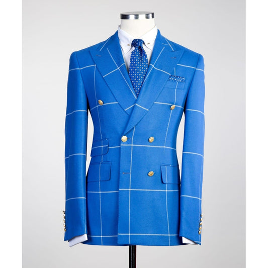 Blue Stripe Men's Suits 2 Pieces Peaked Lapel Vintage Groom Tuxedos for Wedding Jacket Pants Formal Business Party Prom Suit