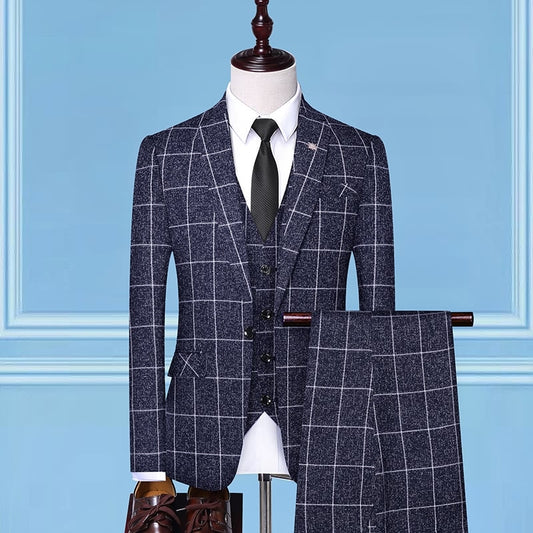 British Style Men Plaid Vest Blazer Pants 3 Pieces Set / Slim Wedding Banquet Business Suit Jacket Coat