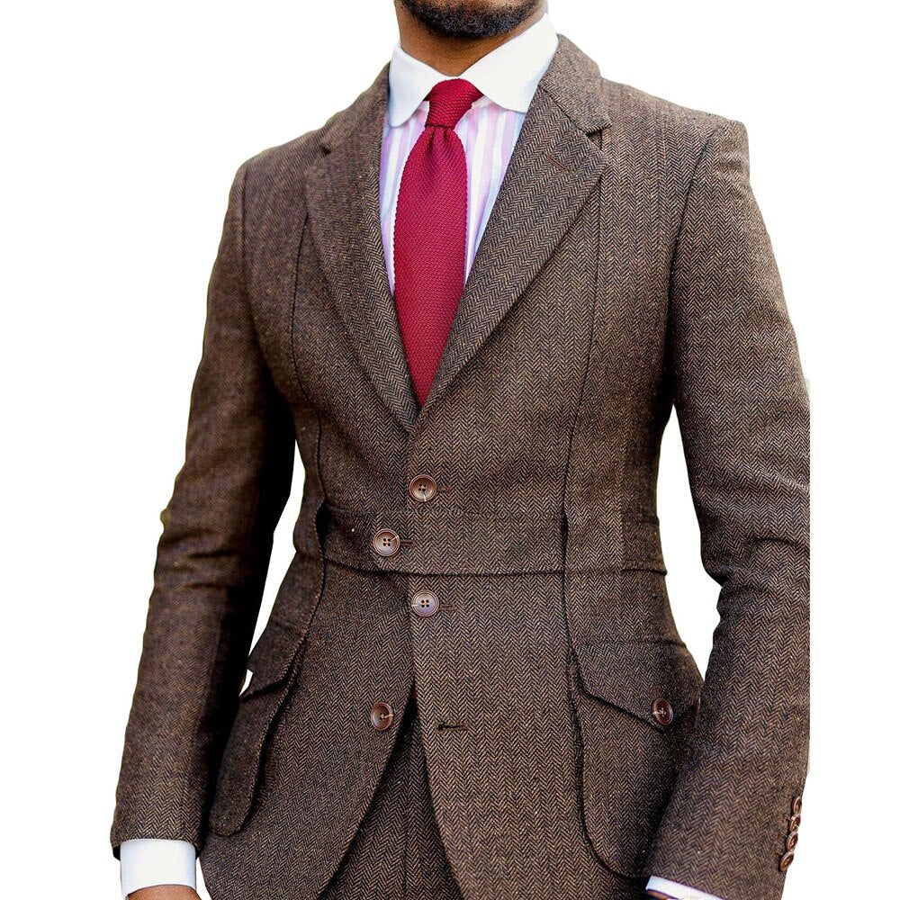 Brown Herringbone Men Suit Tailor-Made 2 Pieces Blazer Pants Single Breasted Plaid Formal Business Causal Daily Party Tailored