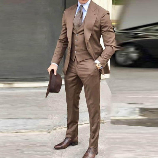 Brown Suit Groom Tuxedos Prom Wedding Men Suit Slim Fit Cotton Blend Formal Suit Men Slim Fit 3 Pcs Jacket+Pants+Vest