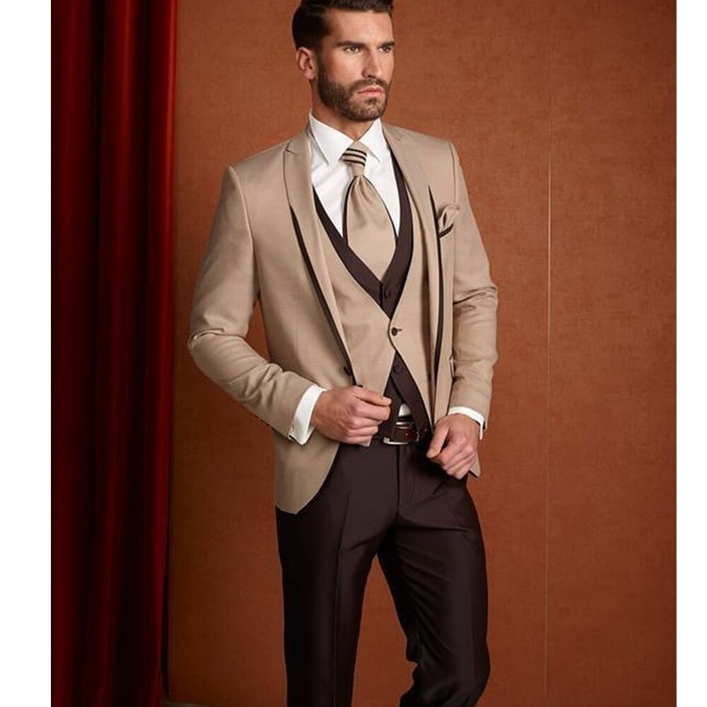 Traje de boda marrón para hombre, conjunto de blazer, corte entallado, esmoquin de talla grande, vestido de caballero, 3 piezas (chaqueta, pantalón y chaleco) 