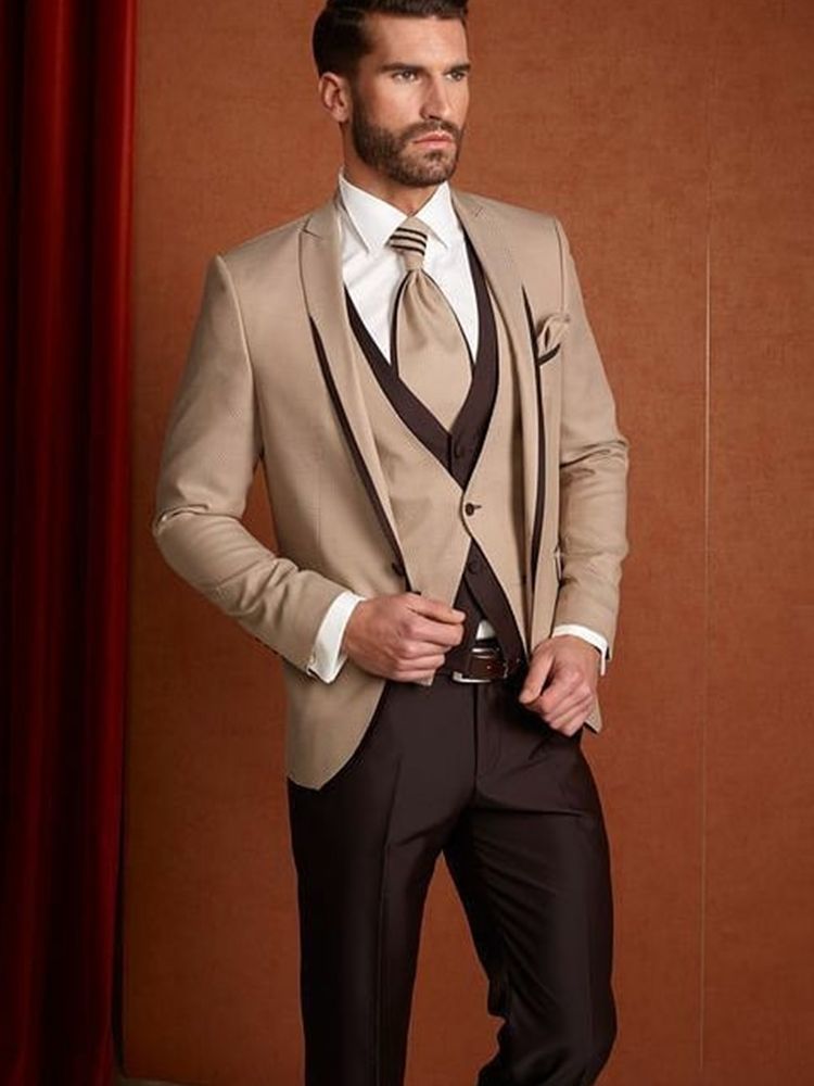 Traje de boda marrón para hombre, conjunto de blazer, corte entallado, esmoquin de talla grande, vestido de caballero, 3 piezas (chaqueta, pantalón y chaleco) 