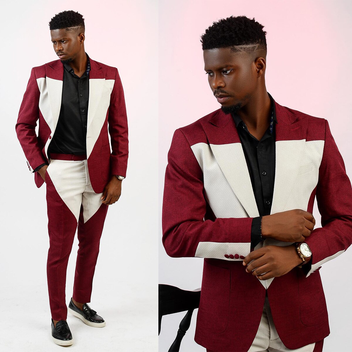 Burgundy White Men's Suits Tailored 2 Pieces Blazer Pants Peaked Lapel One Button Spliced Wedding Groom Custom Made Plus Size