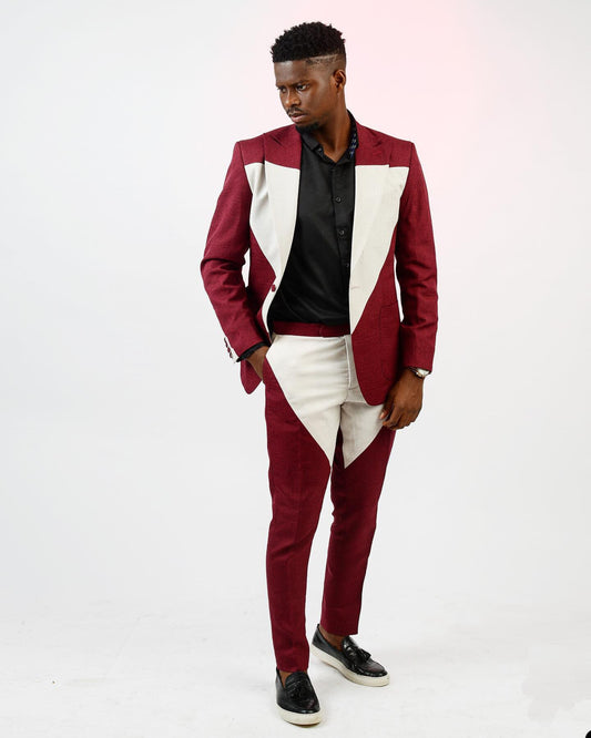 Burgundy White Men's Suits Tailored 2 Pieces Blazer Pants Peaked Lapel One Button Spliced Wedding Groom Custom Made Plus Size