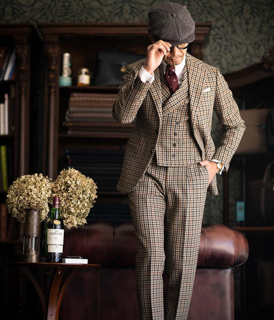 Burgundy Black Green 3 Color Small Square Man‘s Suit Set Outfit Notch Lapel Blazer Trousers 3pcs Jacket Pants Vest