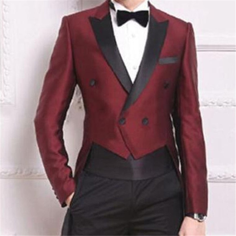 Traje de hombre para boda, 2 piezas (chaqueta, pantalón y faja), color burdeos, corte entallado, personalizado 