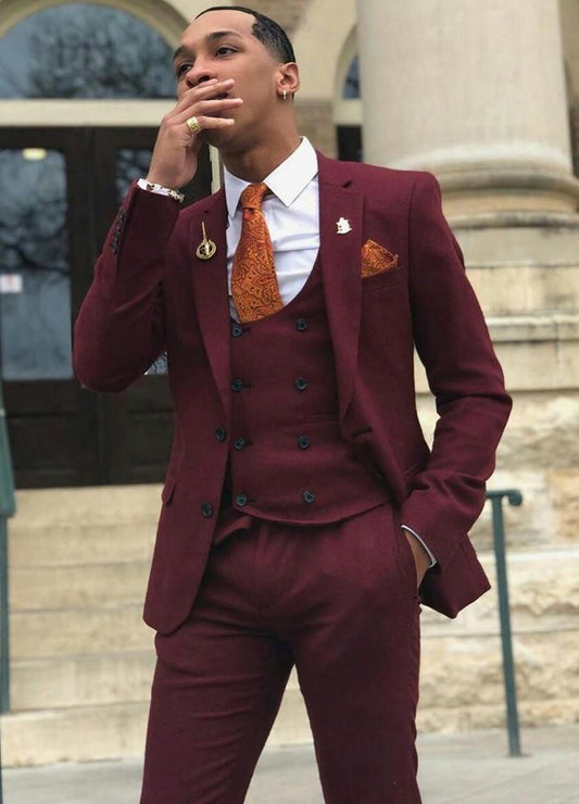 Burgundy Groom Tuxedos Notch Lapel Groomsman Wedding 3 Piece Suit Men Business Prom Terno (Jacket+Pants+Tie+Vest)