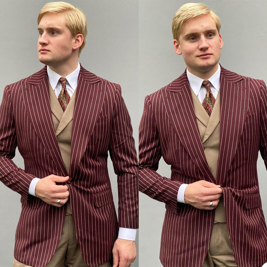 Burgundy Stripe Men Business Tuxedos Slim Fit Groom Wedding Suits Formal Prom Party Outfit Only One Jacket