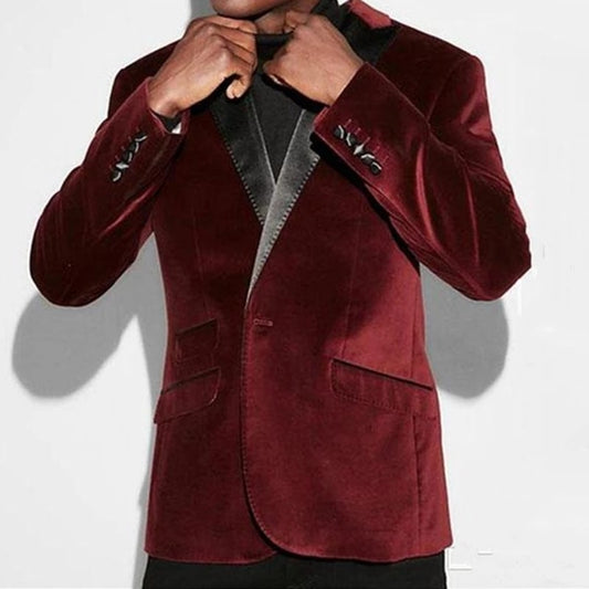 Burgundy Velvet Men Suits Slim Fit Formal Groom Tuxedos for Wedding Terno 2 Pieces Shawl Lapel Blazer (Jacket+Pants)