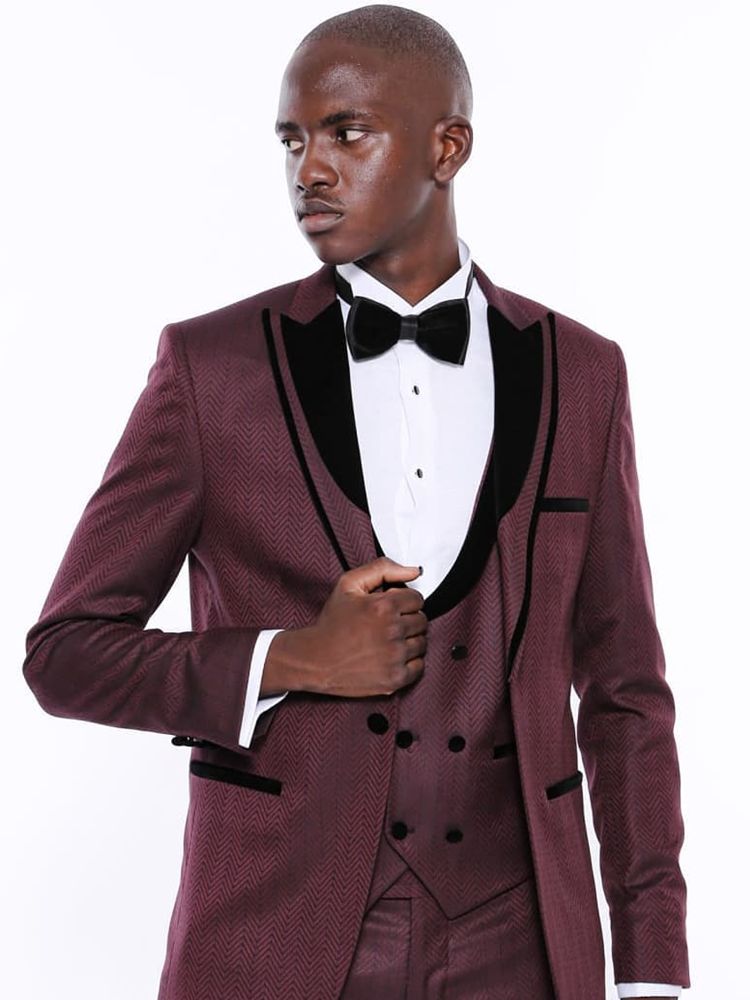 Men's Burgundy Slim Fit 3-Piece Tuxedo Wedding Suit for Formal Dinner (Blazer, Pants, Vest)