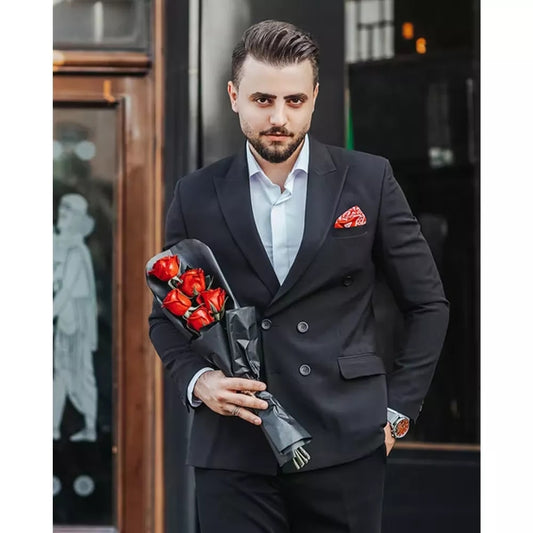 Business Black Double Breasted Men Suits Peak Lapel Groom Wedding Prom Party Slim Fit Blazer 2 Pieces Jacket Pant Custom Made