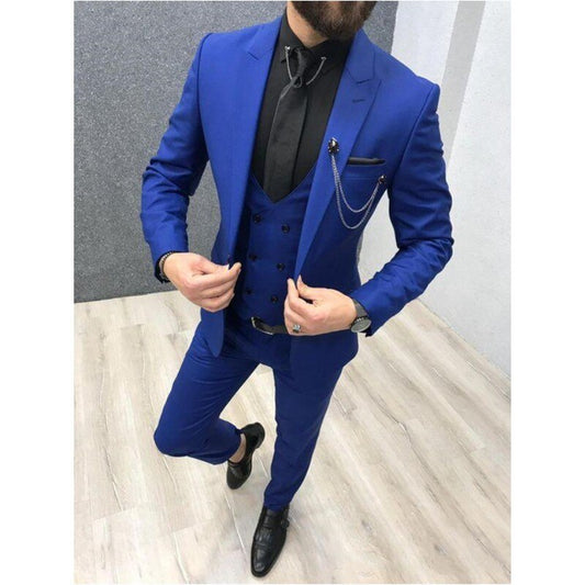 Business Royal Blue Men Suits 3 Pieces Double Breasted Vest Terno Slim Fit Wedding Groom Prom Blazer Jacket+Pant+Vest