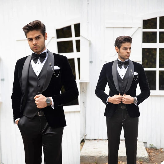 Business Wedding Wear Costume Homme Black Velvet Men Suits Groom Tuxedos Terno Slim Fit 3 Pieces Jacket Pant Vest