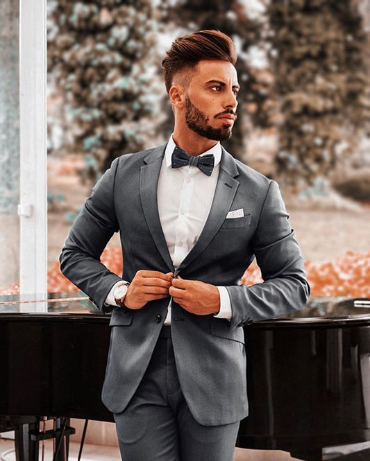 Casual Grey Men Suits Groom Tuxedos Groomsmen Wedding Party Dinner Men Best Man Suits 2 Pcs (Jacket+Pants+Tie)