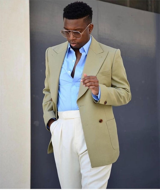 Casual Light Green Men Suits White Pants Costume Homme Wedding Groom Tuxedo Terno Slim Fit Prom Blazer 2 Pieces