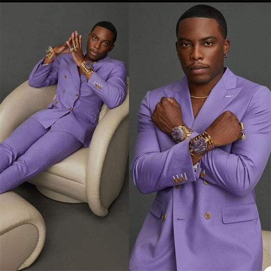 Casual Light Purple Double Breasted Men Suits Costume Homme Prom Terno Groom Blazer Wedding 2 Pcs (Jacket+Pants)