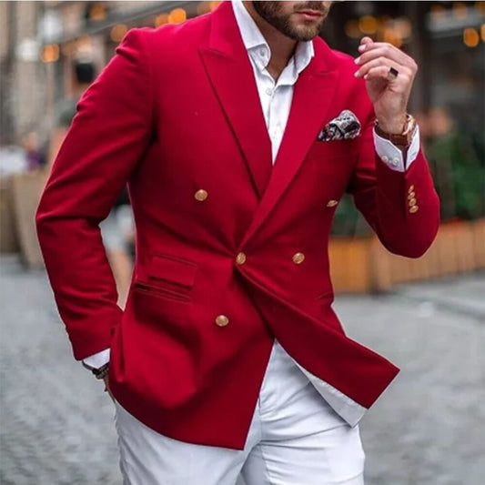 Casual Red Double Breasted Men Suits with White Pants Slim Fit Prom Groom Tuxedos Wedding Wear 2 Pieces Blazer