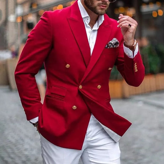 Casual Red Double Breasted Men Suits with White Pants Slim Fit Prom Groom Tuxedos Wedding Wear 2 Pieces Blazer