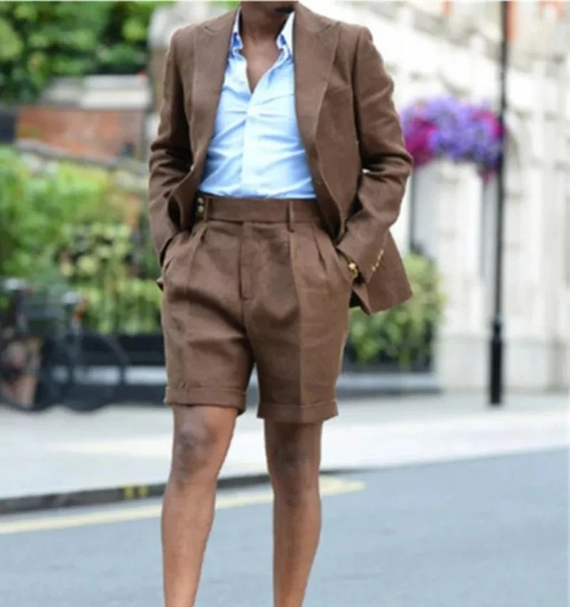 Men's Brown Summer Linen Peaked Lapel 2-Piece Short Suit (Blazer, Short Pants) for Casual Street Wear