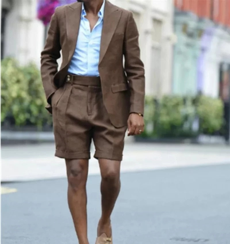 Men's Brown Summer Linen Peaked Lapel 2-Piece Short Suit (Blazer, Short Pants) for Casual Street Wear