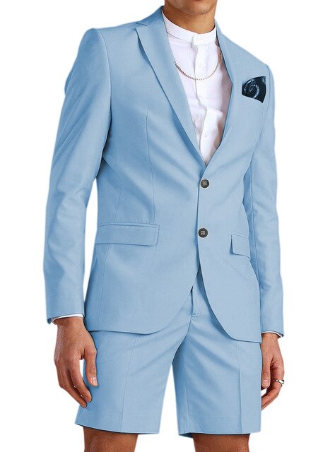 Casual Summer Light Blue Men's Suit Short Pant Suits 2 Piece Tuxedo Groom Beach Wedding Dress Costume Homme (Blazer+Pant)