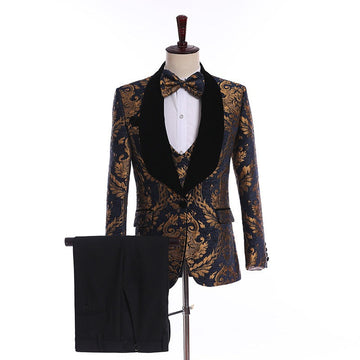Men's Golden Pattern Floral Suit Set with Tie