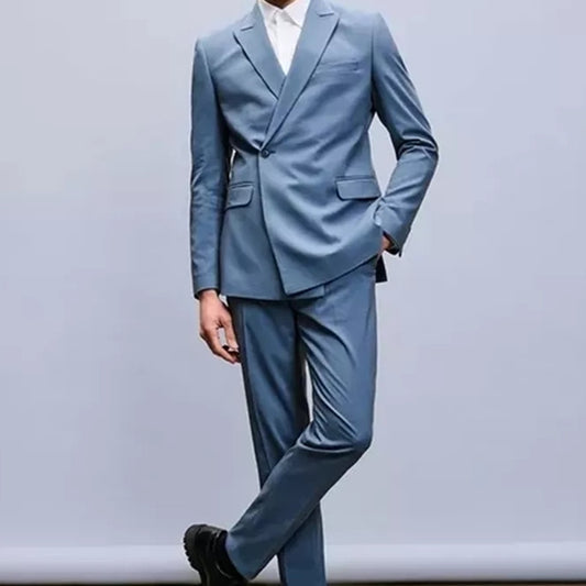 Causal Haze Blue Men Suits 2 Pieces Wedding Tuxedos Peak Lapel One Button Custom Groom Slim Fit Blazer Masculino