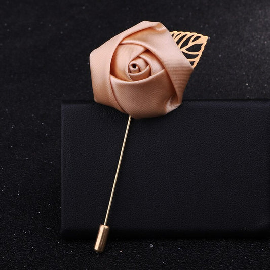 Champagne Men Women Rose Brooch Pin With Gold Leaf Brooch Blazer Suit Wedding Party Boutonniere Charm Jewelry Clothes Accessory