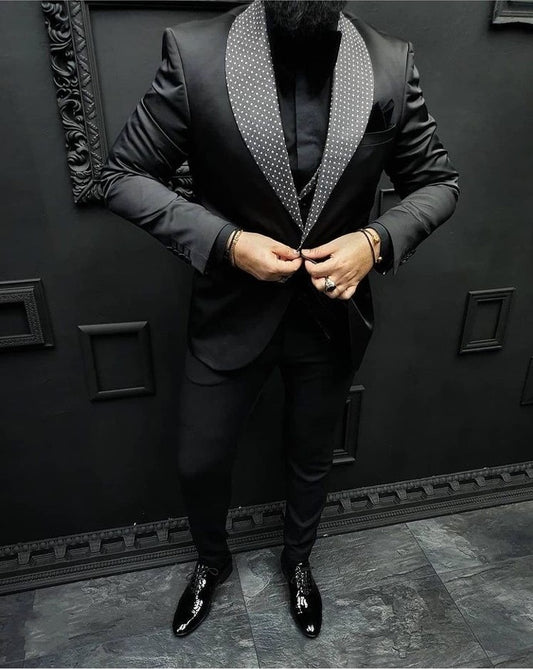 Check Dots Black Men Suits Shawl Lapel Formal Wedding Groom Tuxedos Italian Style Slim Fit Prom Blazer 3 Pcs (Jacket+Pant+Vest)