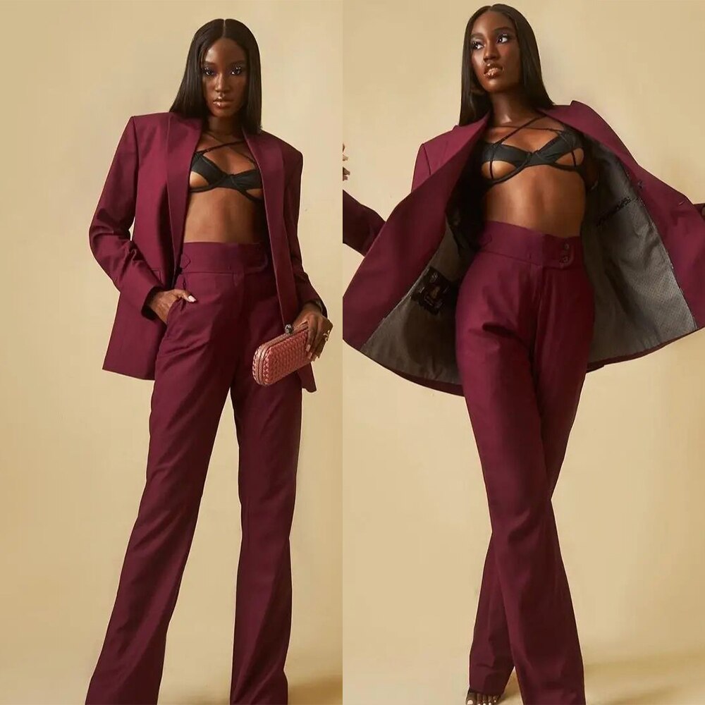 Women's Burgundy 2-Piece Suit Set with Peaked Lapel Blazer and Loose Pants for Streetwear