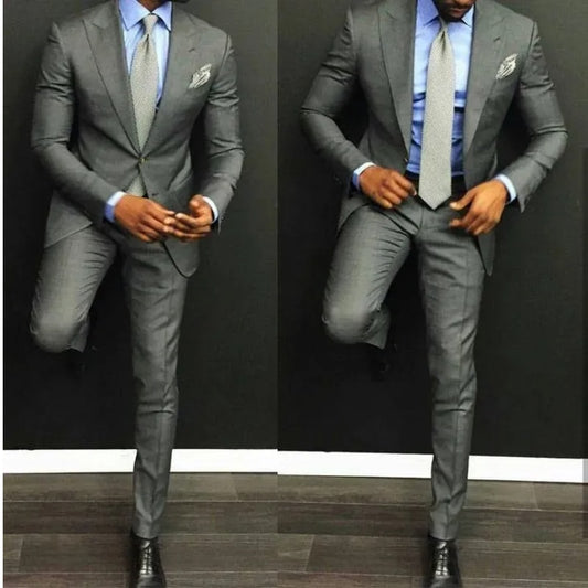 Classic Grey Men Suits Groom Wedding Prom Tuxedos Two Buttons Peaked Lapel Best Man Custom Made 2 Piece Blazer Sets Jacket+Pants
