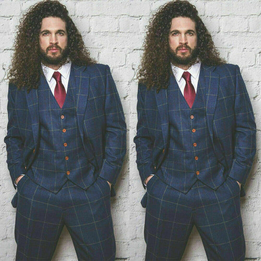 Classic Plaid Men Suits Two Button Peaked Lapel Groom Wear Wedding Tuxedos Formal Prom Best Man Blazer Suit