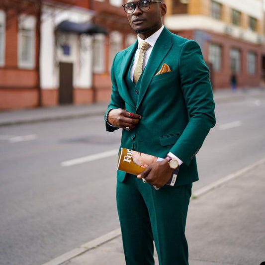 Classic Woolen Green Men Pants Suit 3 Pieces Soild Color Groom Tuxedos Peaked Lapel Prom Party Blazer (Jacket+Vest+Pants)