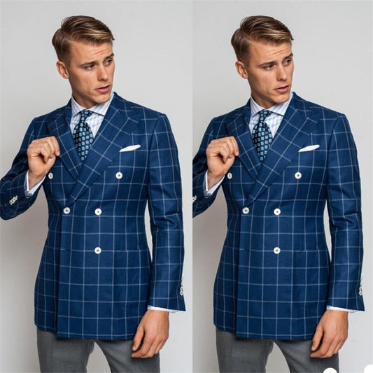 Costume Homme 1-piece Blue Blazer Men Suits Custom Made Plaid Double-breasted Cotton Blend Fit Slim Party Formal Business Wear