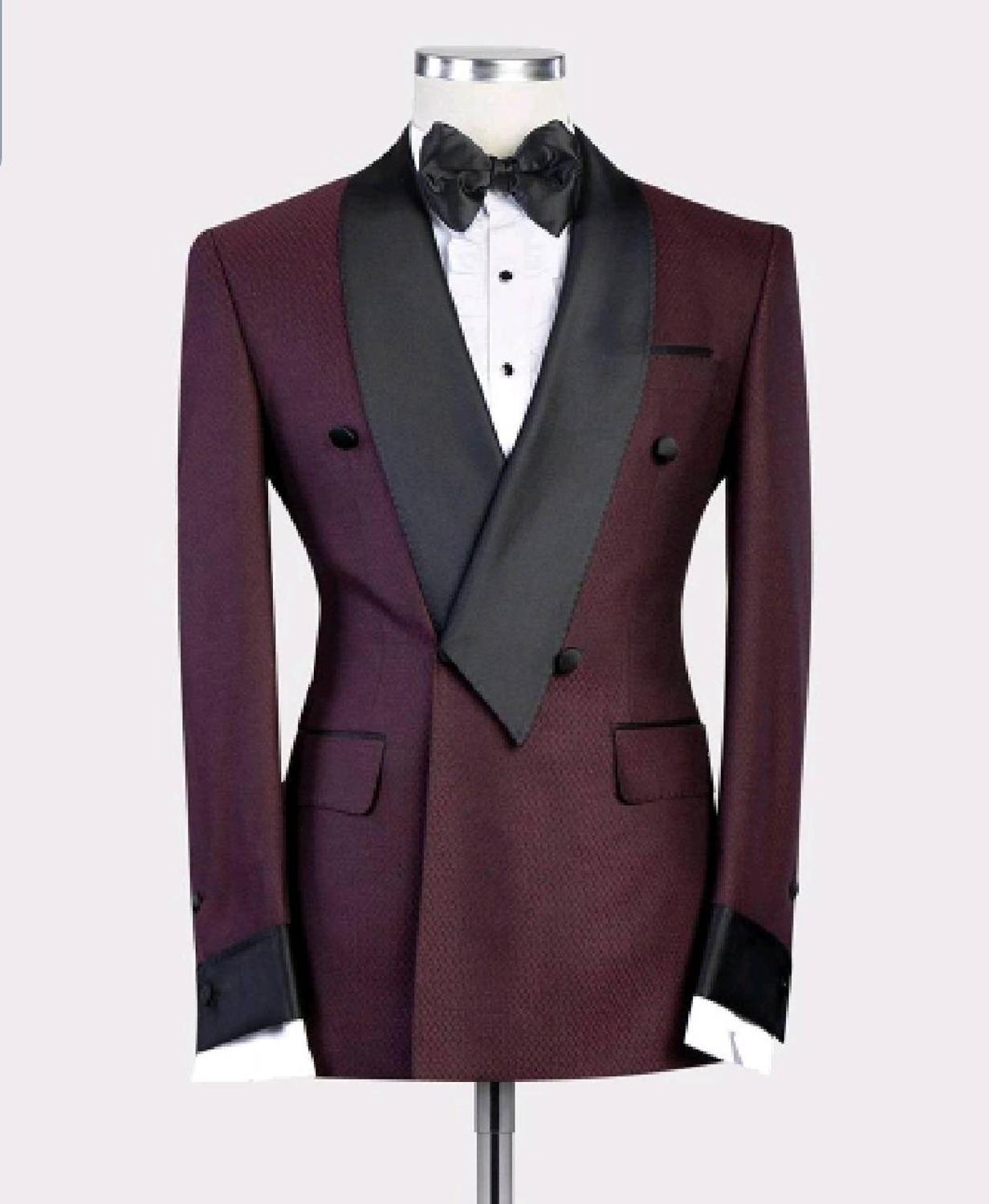 Burgundy Red With Black Lapel Men's Slim Fit Formal Suits 2 Pieces Wedding Tuxedos Suits Jacket Pants