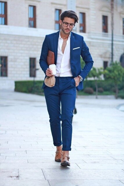 Costume Homme Blue Suit Men Mariage Beach Blazer Wedding Men Suit With White Pants Smart Terno Slim Fit Tuxedo Coat Prom Jacket