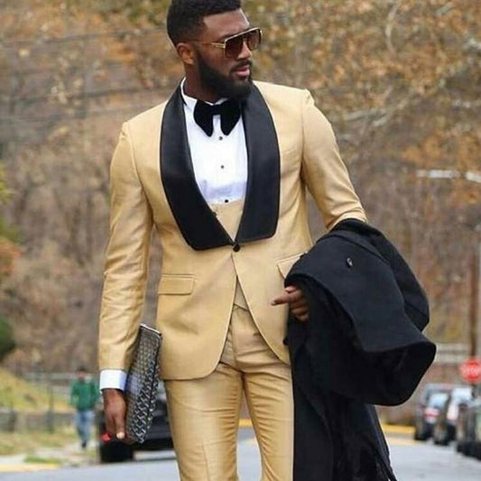 Champagne Men Suits for Wedding Black Shawl Lapel Man Blazer Slim Fit Terno Groom Wedding Tuxedos 3 Pcs