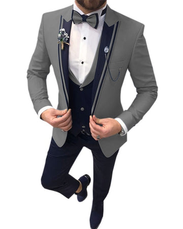 Grey Wedding Men Suits Black Peak Lapel Groom Tuxedos Terno Masculino Prom Slim Fit Blazer 3 Pcs Jacket+Pant+Vest