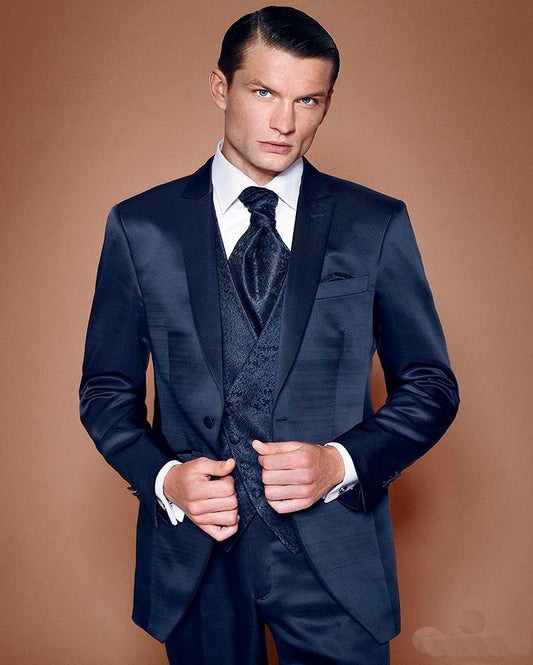 Costume Homme Groomsmen Peak Lapel Groom Tuxedos Shiny Navy Blue Men Suits Wedding Best Man Blazer 3 Pcs (Jacket+Pants+Vest)
