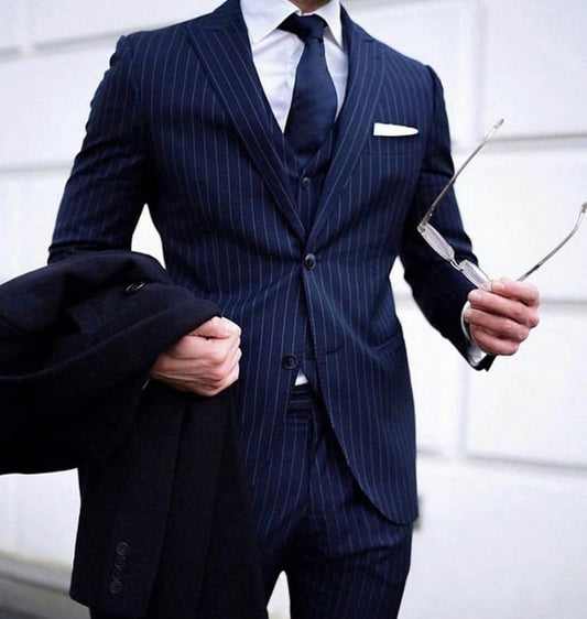 Design Striped Men Suit Formal Custom Made Blazer Men Suits(Jacket+Pant+Tie+Vest+Handkerchiefs)