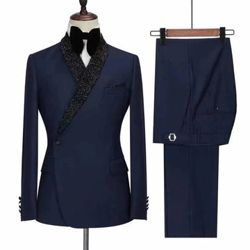 Costume Homme Navy Blue Men Suits Double Breasted Black Lapel Wedding Groom Tuxedo  Slim Fit Prom Blazer 2 Pieces