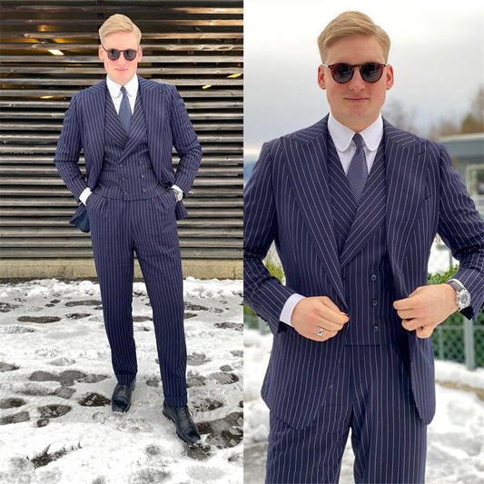 Costume Homme Pinstripe Navy Men Suits Custom Made 3 Pieces Blazer Pants Vest Formal Prom Wedding Groom Tuexdos Clothing