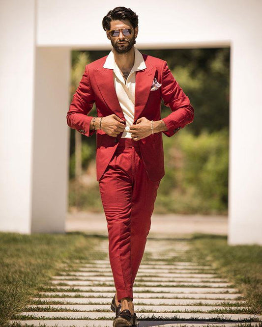 Costume Homme Red Men Suits Slim Fit Two Button Groom Wedding Tuxedos Best Man Prom Blazer Suit 2 Pieces Jacket+Pant