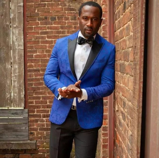 Royal Blue Floral Pattern Men Suits Groom One Button Wedding Slim Fit Prom Terno Blazer (Jacket+Pants)